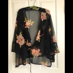 Size 20 Floral and Black Tie Wast Ruffle Chiffon Top